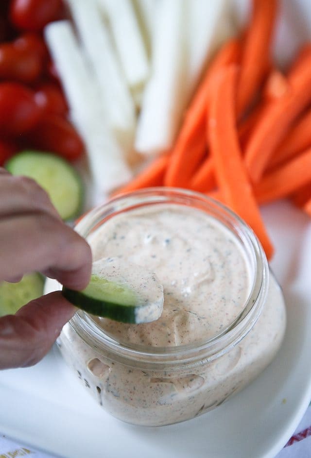 Break out the veggies and your favorite dippers for this creamy, kicked-up Chipotle Ranch Greek Yogurt Dip! Recipe via aggieskitchen.com #UndeniablyDairy