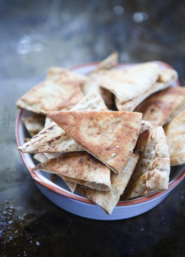 crispy baked pita chip triangles in a bowl