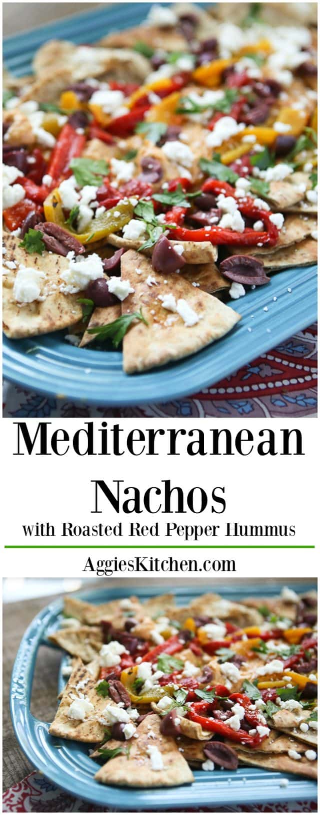 Say hello to your new favorite appetizer - Mediterranean Nachos with Roasted Red Pepper Hummus! Topped with Sabra Hummus, roasted peppers, olives, feta and fresh herbs, you can't go wrong with this one! Recipe via aggieskitchen.com