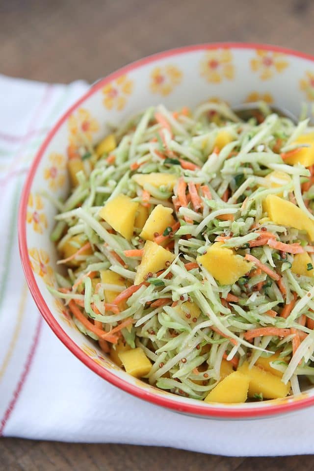 This Tangy Mustard Broccoli Slaw Salad with Mango is the perfect addition to any spring or summer meal! Serve with burgers, chicken or fish. Recipe via aggieskitchen.com