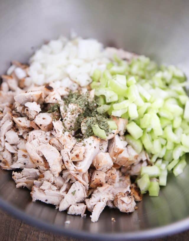 bowl of cut chicken, diced sweet onions, chopped celery, and various seasonings