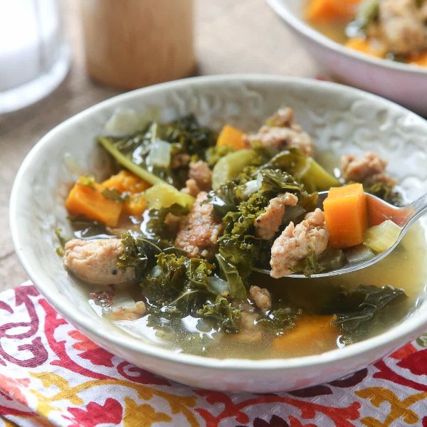 Crockpot Italian Sausage and Kale Soup with Sweet Potatoes