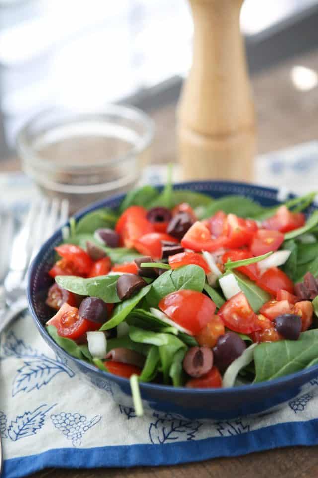 When you are trying to get back in the salad, keep it simple with this Chopped Tomato and Spinach Salad. A few ingredients and a light oil and vinegar dressing is all you need to feel good about eating salad again.