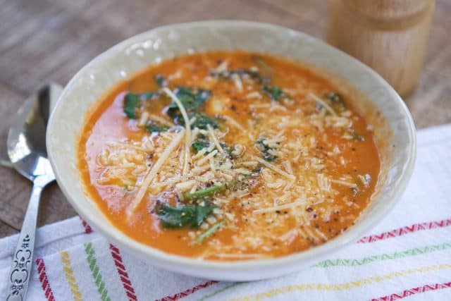 bowl of tomato and spinach soup