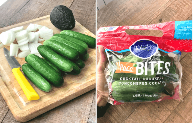 mini cocktail cucumbers on a cutting board with sliced onion and avocado on left and bag of cocktail cucumbers on right